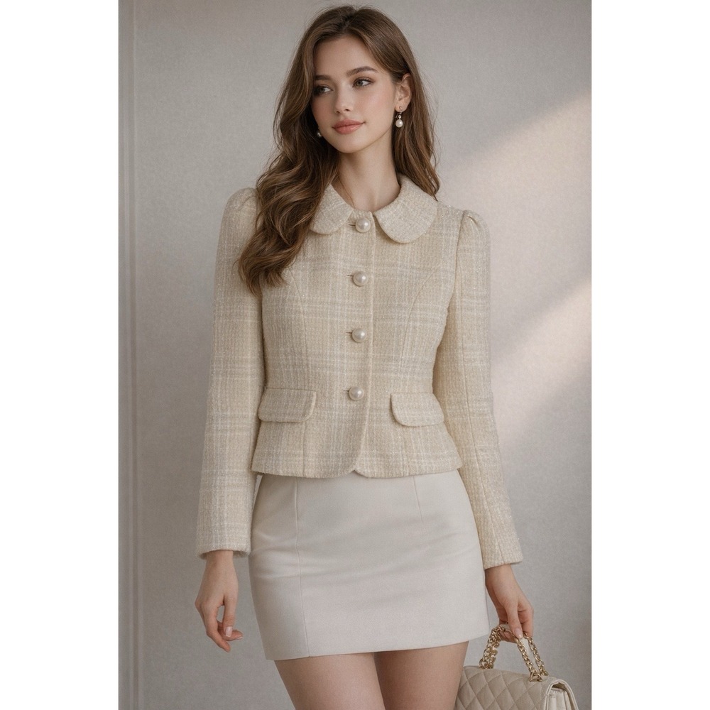 Moiselle Cream Tweed Plaid Metallic Thread Jacket Pearl Buttons Size 2 Italy 38